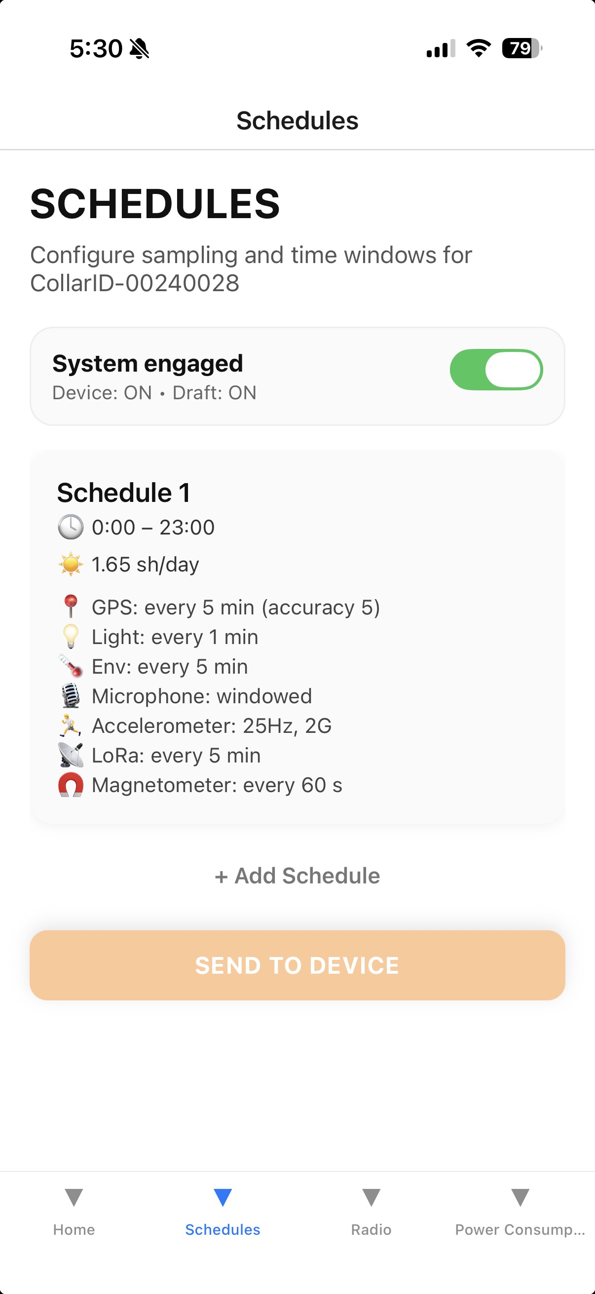 iOS app showing all schedules on the connected device