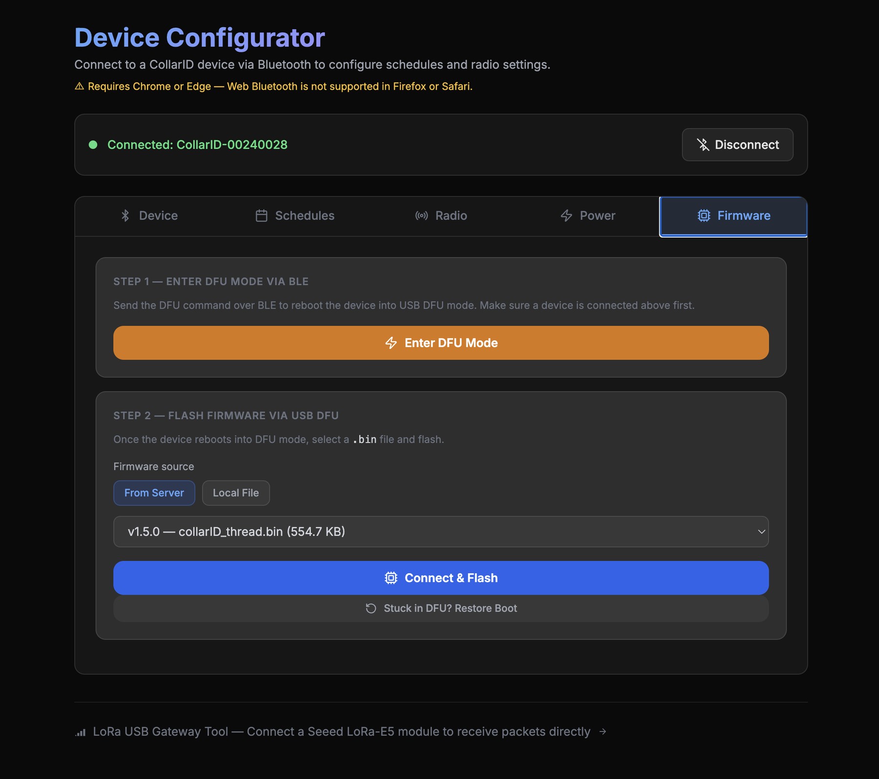 Web configurator Firmware tab with the option to put the device into DFU mode